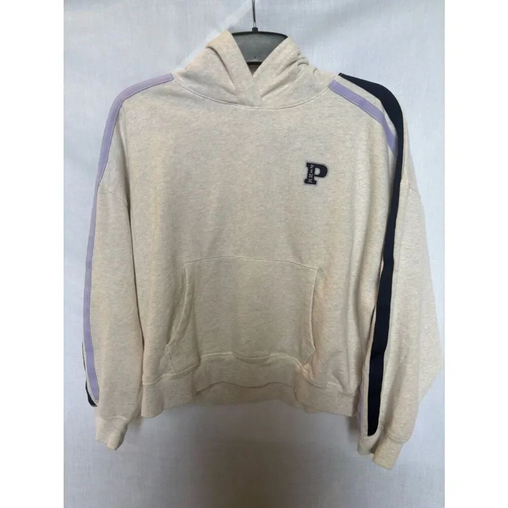 PINK Women's Cream Hoodie Sweatshirt w/ Navy & Lavender Stripe Pullover Size XL